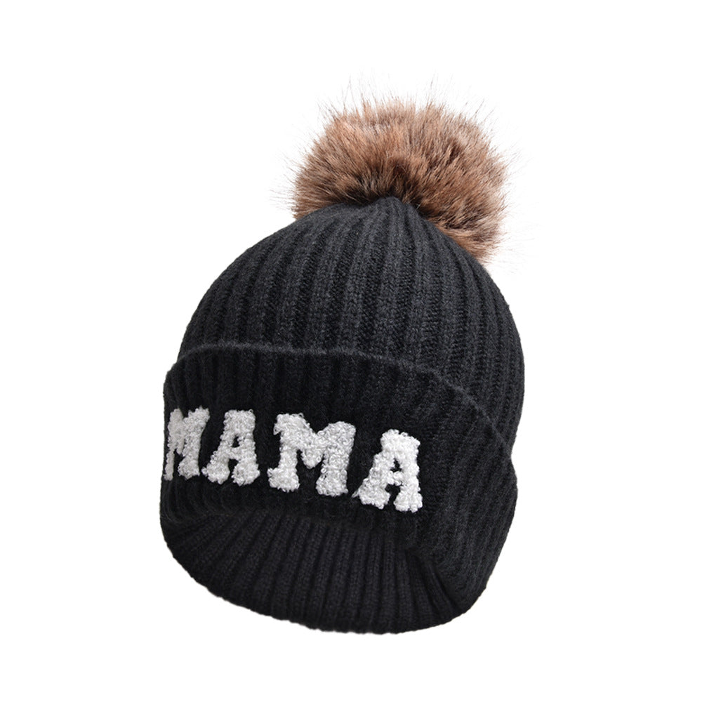 Pink MAMA and MINI beanies with pompoms