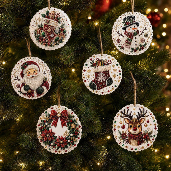 Six wooden diamond painting Christmas ornaments