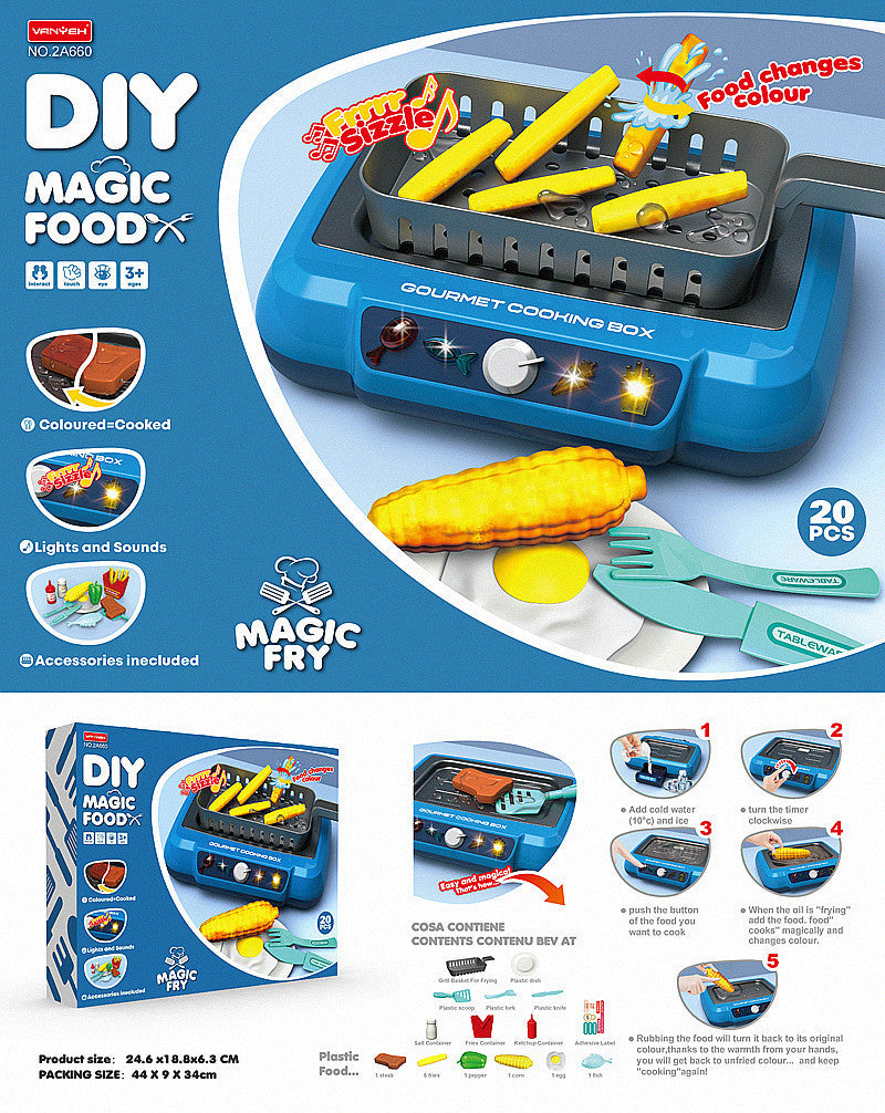 Toy kitchen hob with play food and utensils