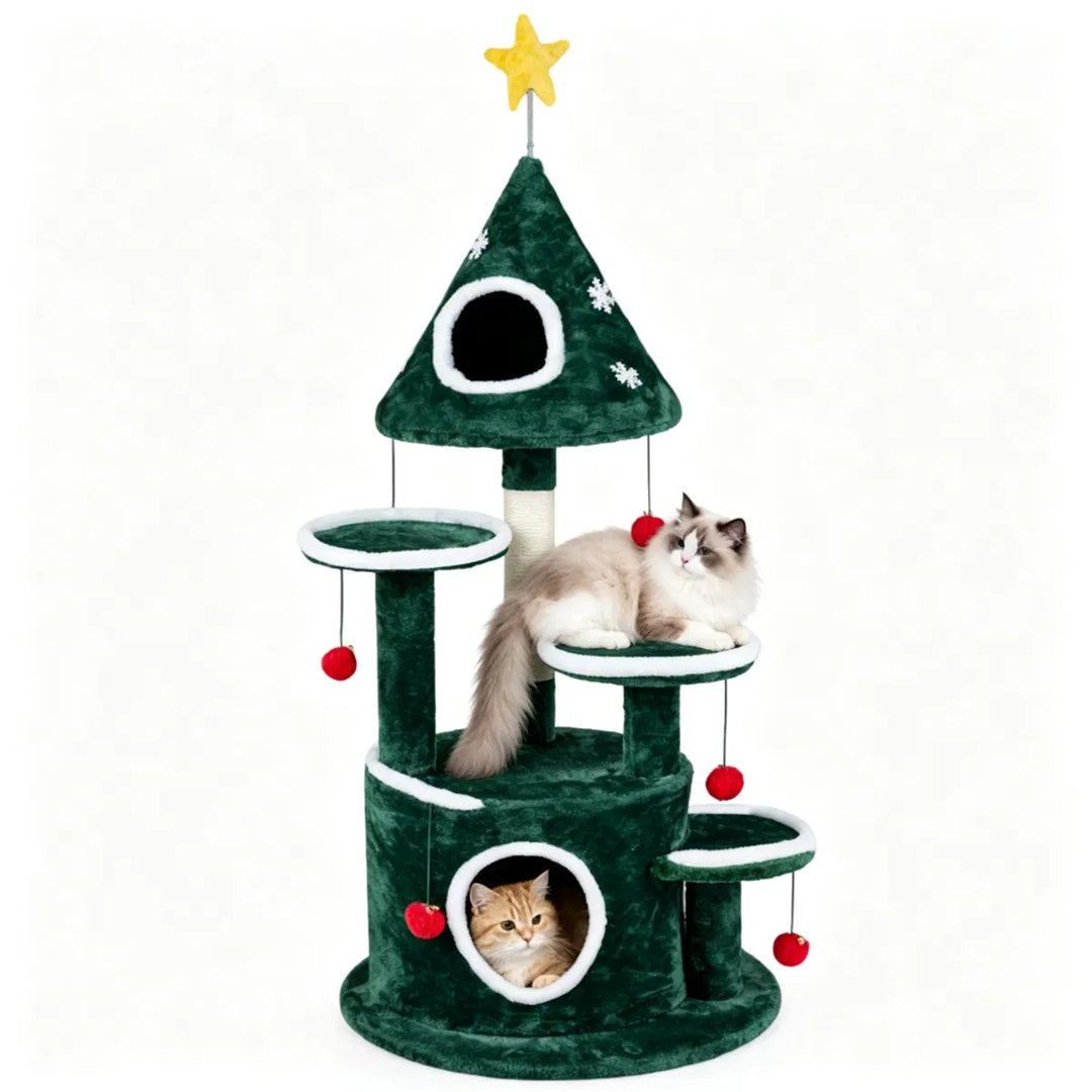 Festive cat tree with bell ball toys