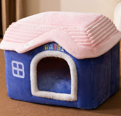 Plush enclosed cat house with cushion