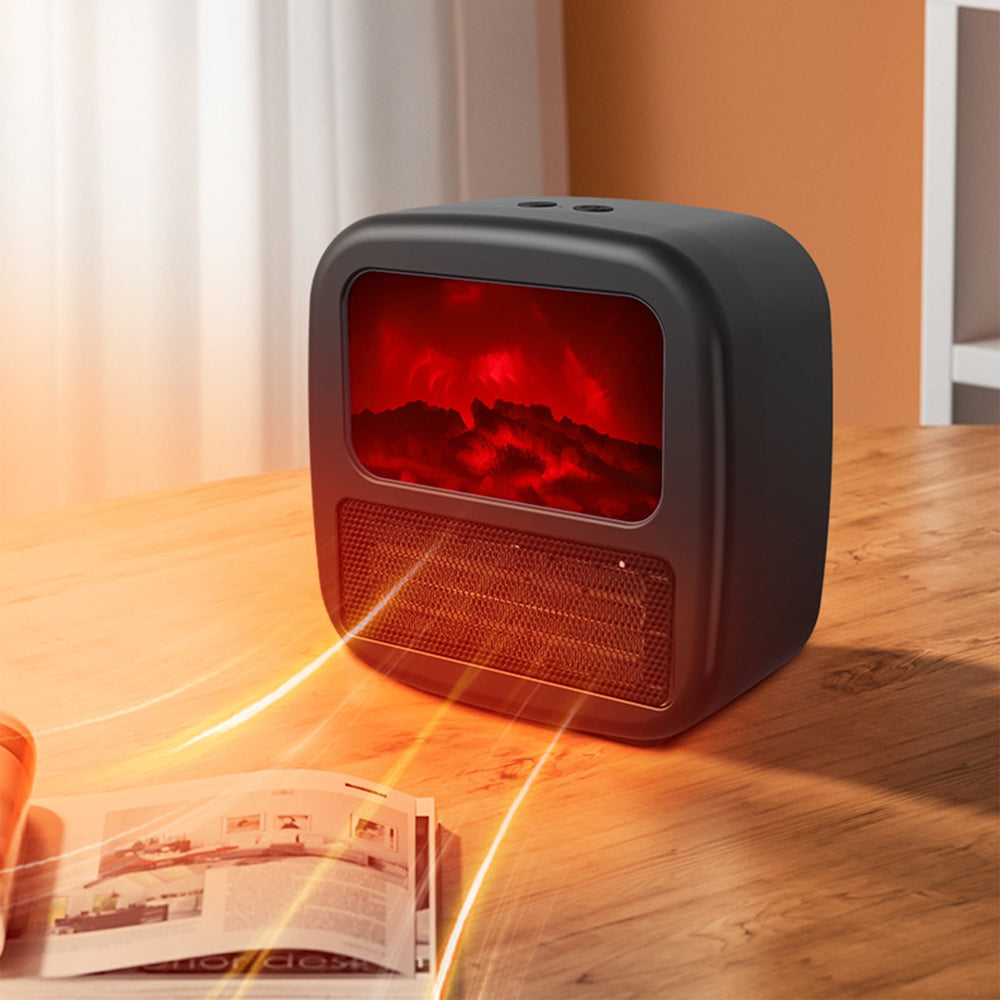 Black mini fireplace heater with flames
