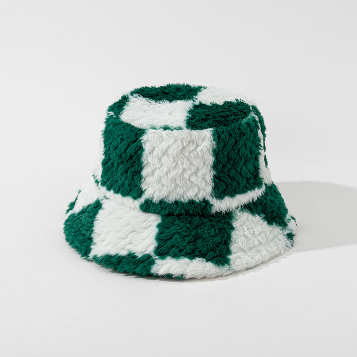 Black checkerboard fluffy bucket hat