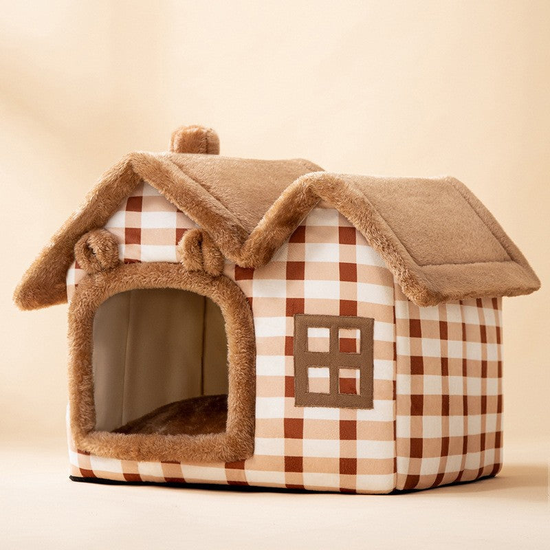 Plush enclosed cat house with cushion