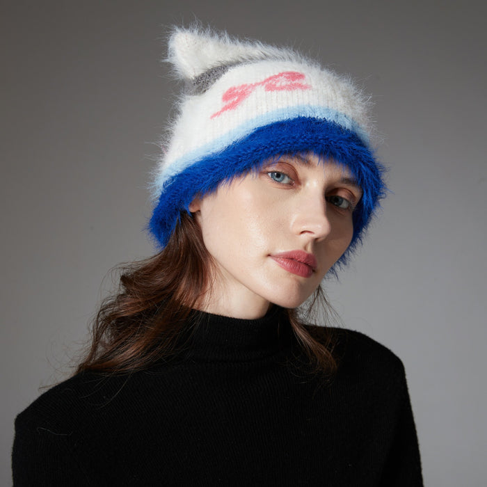 Heat Hollow Shaggy Cat Ear Beanie with Bow Pattern