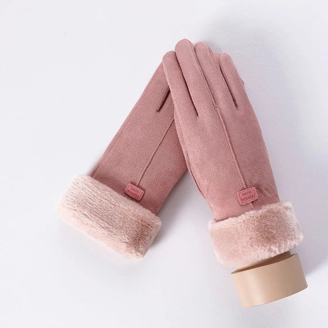Grey suede look gloves with bear face cuff