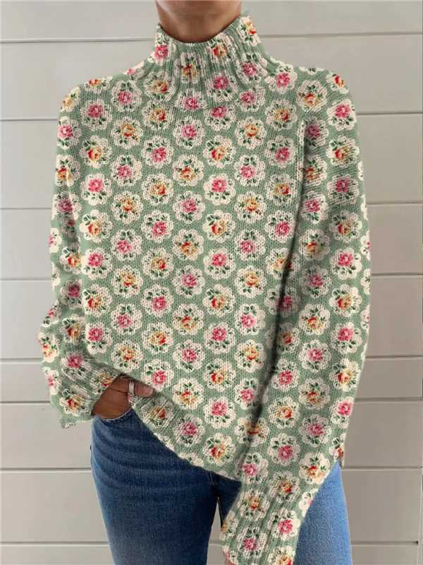 Woman in printed turtleneck jumper