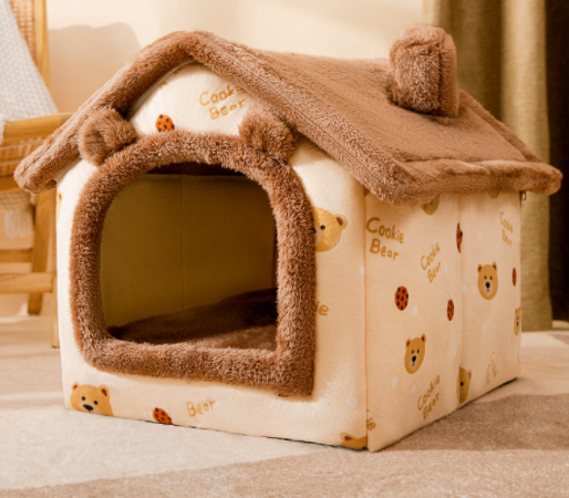 Plush enclosed cat house with cushion