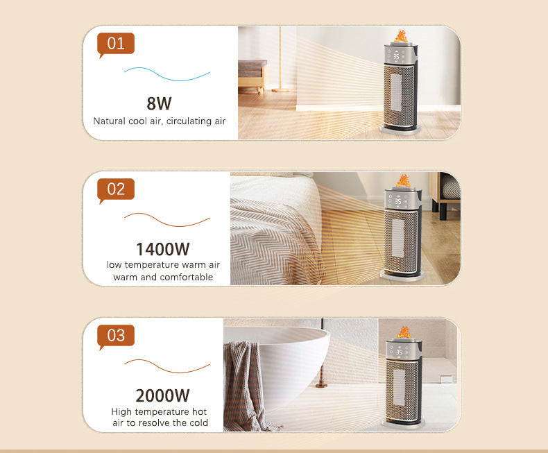 Silver tower heater with flame-effect humidifier