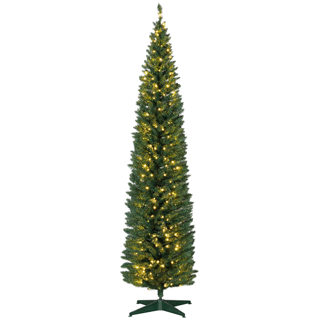 Tall green pencil tree with warm lights