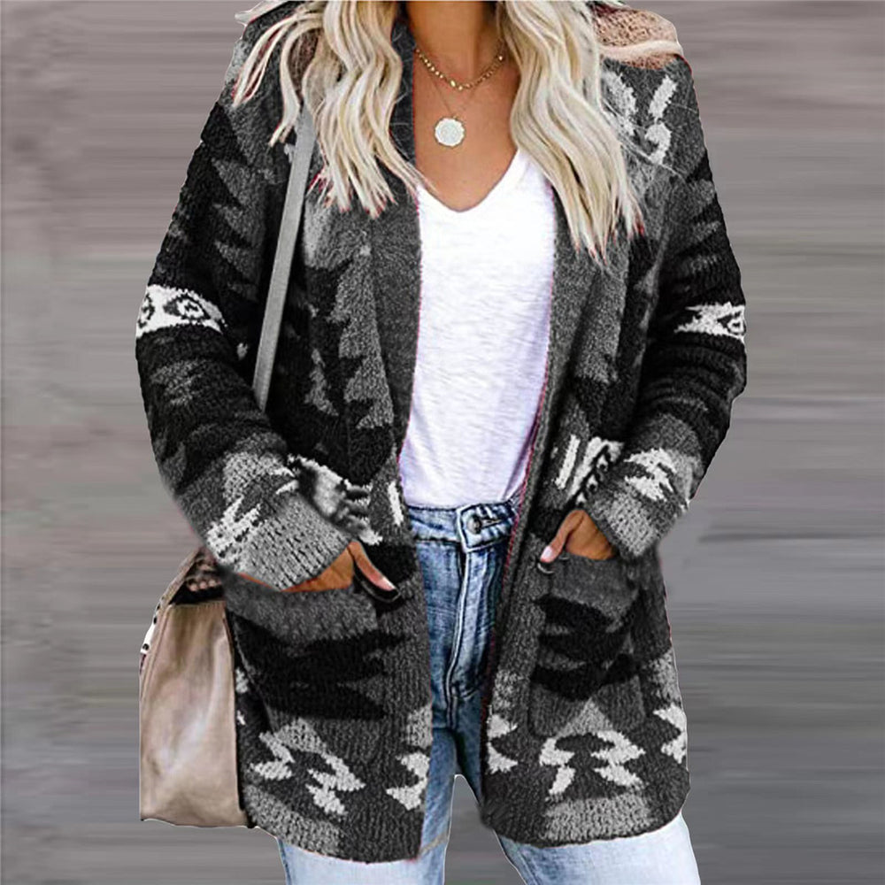 Woman wearing open front geometric knit cardigan