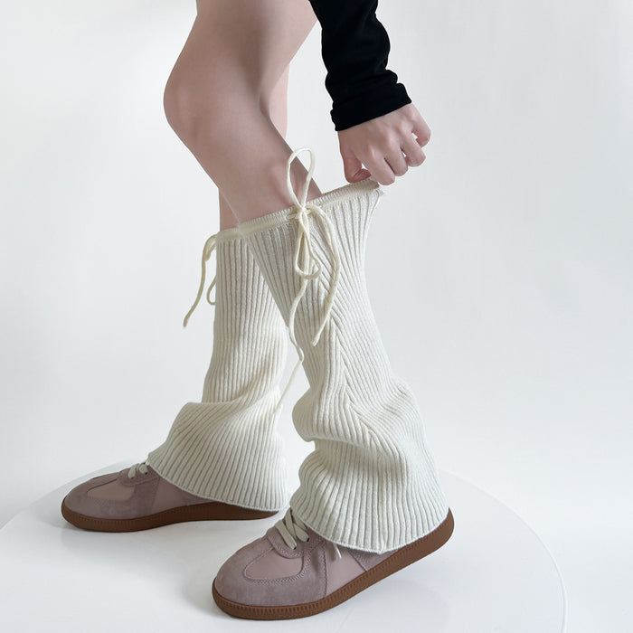 Heat Hollow Flared Ribbed Leg Warmers with Lace Up Tie