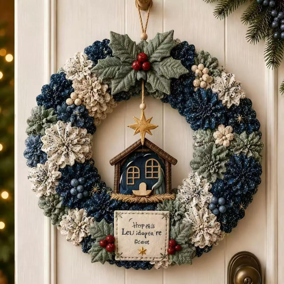 Fabric punch needle Christmas wreath with Santa