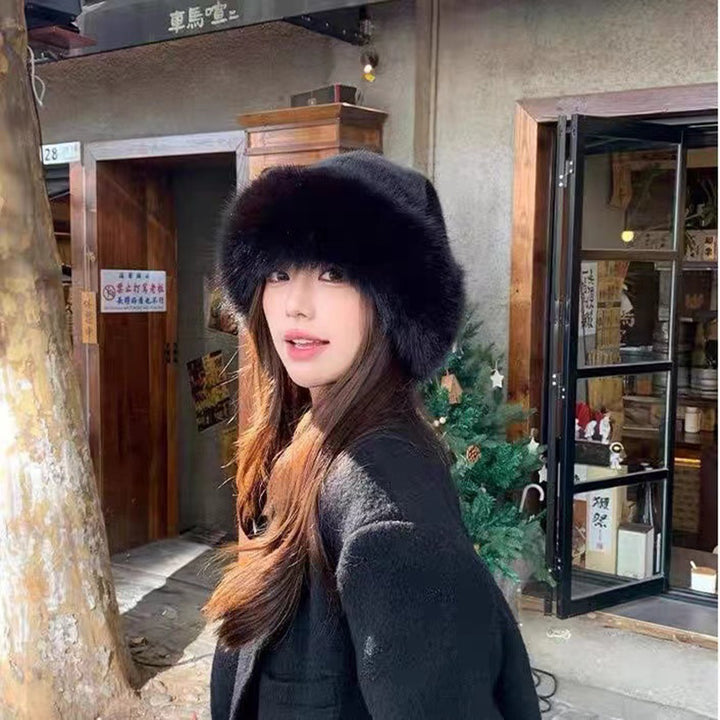 Beige fluffy faux fur hat with rolled brim