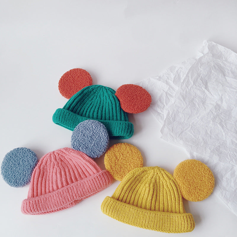Kids pink ribbed beanie with teddy ears