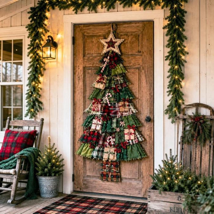 Patchwork Christmas tree hanging on a front door