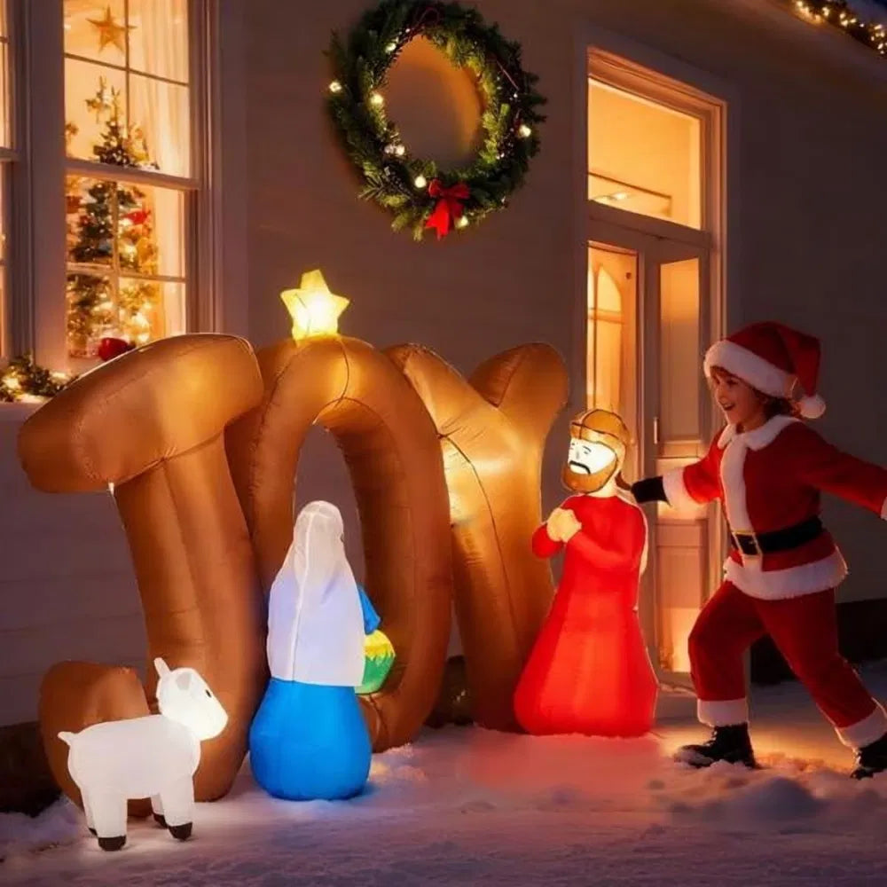 Inflatable nativity scene with JOY letters