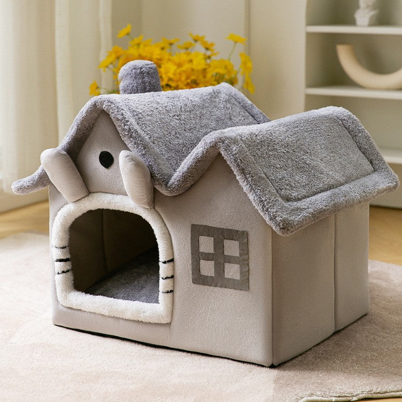Plush enclosed cat house with cushion