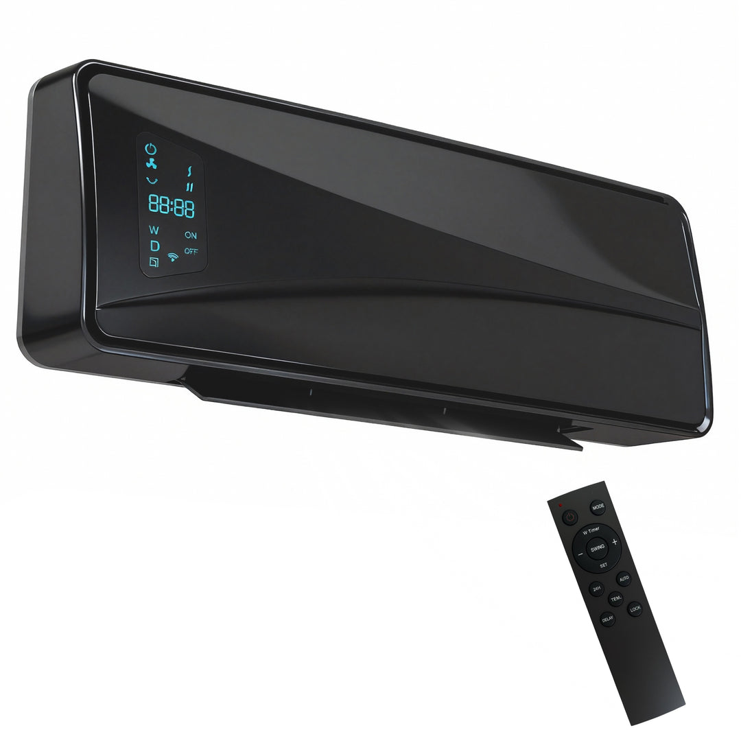 black wall-mounted ceramic fan heater with remote