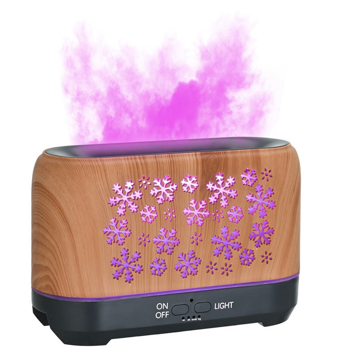 Flame effect aroma diffuser with snowflake wood design, 7 colours