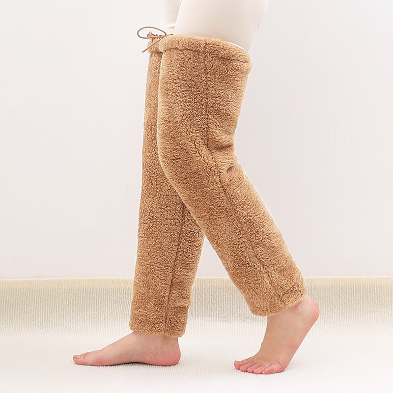 Pink plush leg warmers with drawstring