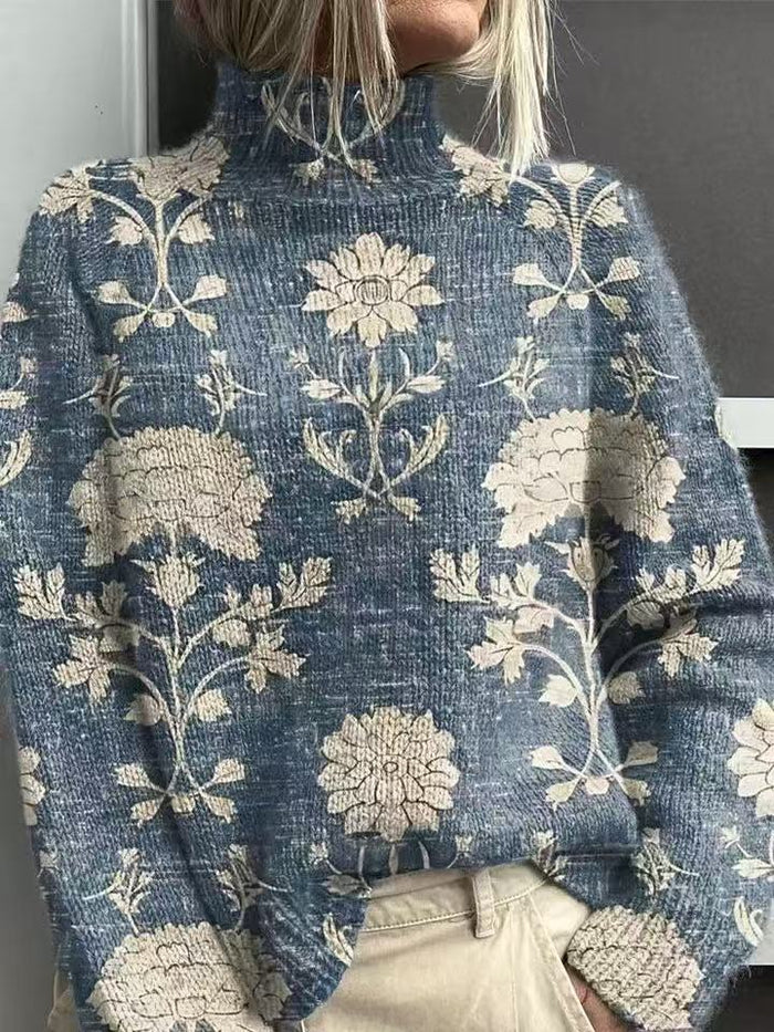 Heat Hollow Loose Printed Turtleneck Jumper for Women
