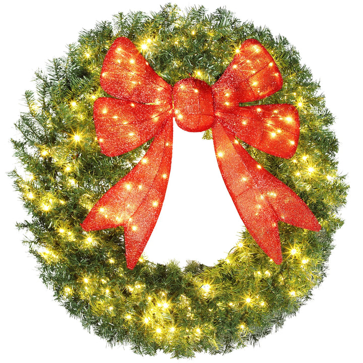 Giant pre-lit Christmas wreath with red bow