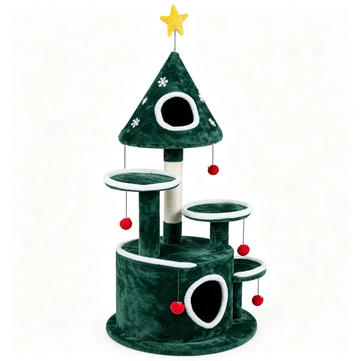 Festive cat tree with bell ball toys