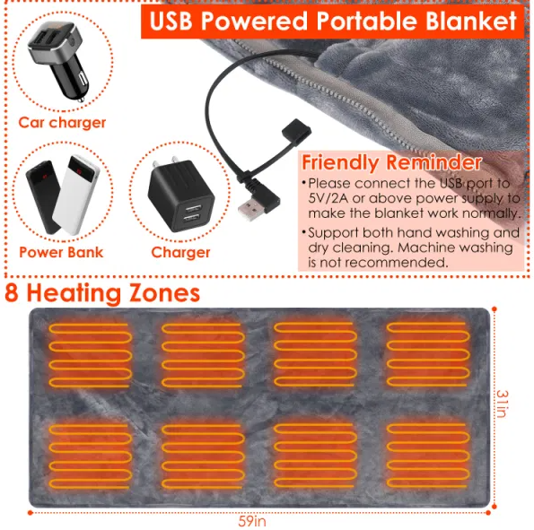 USB Heated Poncho Wrap With Zipper And Washable Fabric