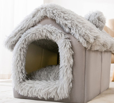 Plush enclosed cat house with cushion