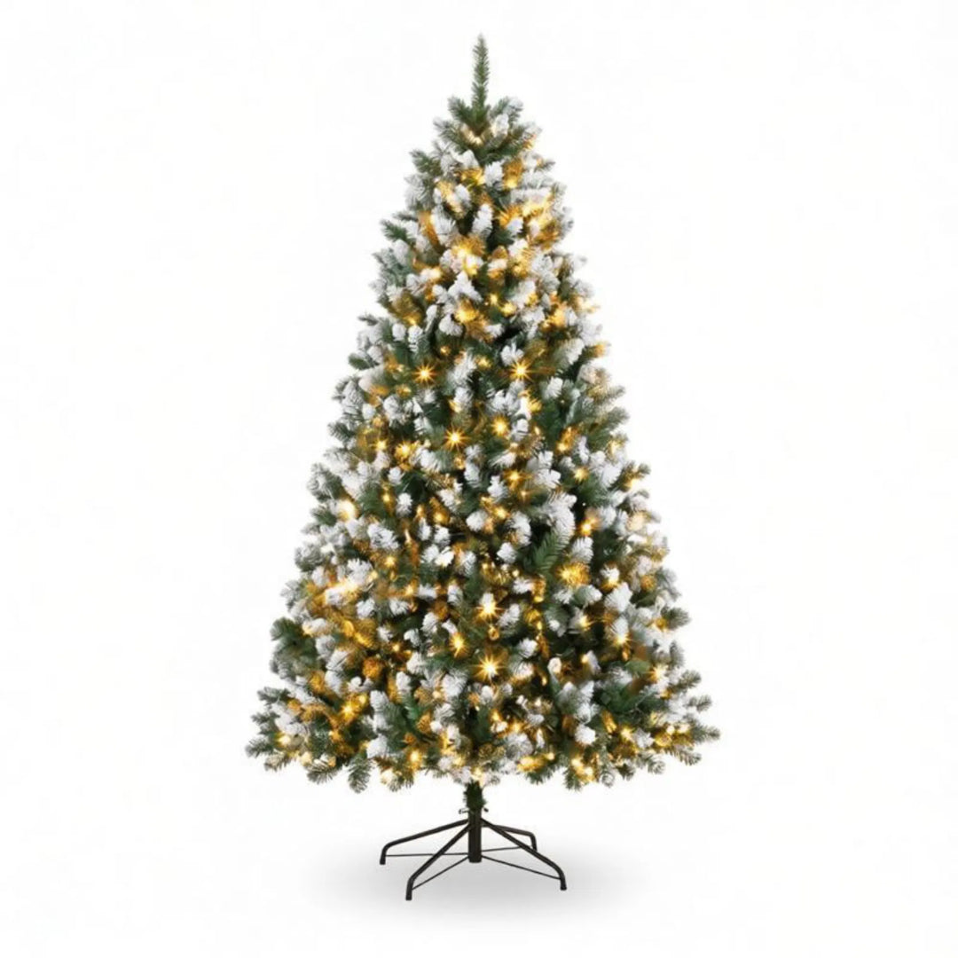 Tall snow-tipped pre-lit tree with remote