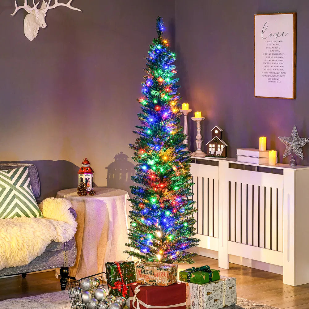 Green pencil tree with multicoloured lights