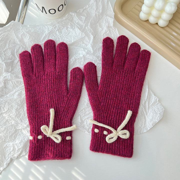 Cream ribbed knit gloves with bow