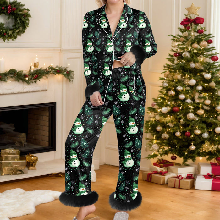 Heat Hollow Christmas Print Button Up Pyjama Set with Faux Fur Trim