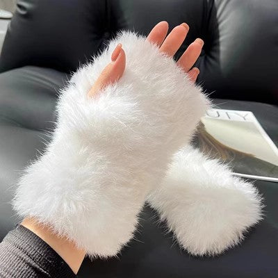Heat Hollow Fluffy Rabbit Fur Fingerless Mittens with Thumb Hole