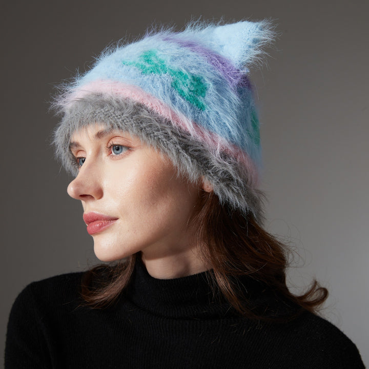 Shaggy white and blue cat ear beanie