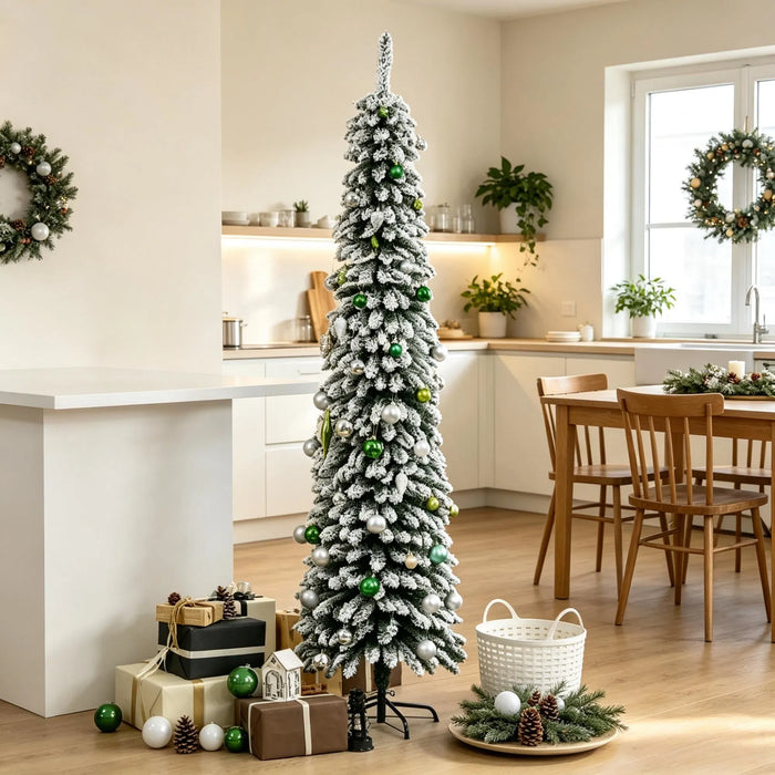 Heat Hollow Slim Snow-Flocked Pencil Christmas Tree, 7ft Unlit