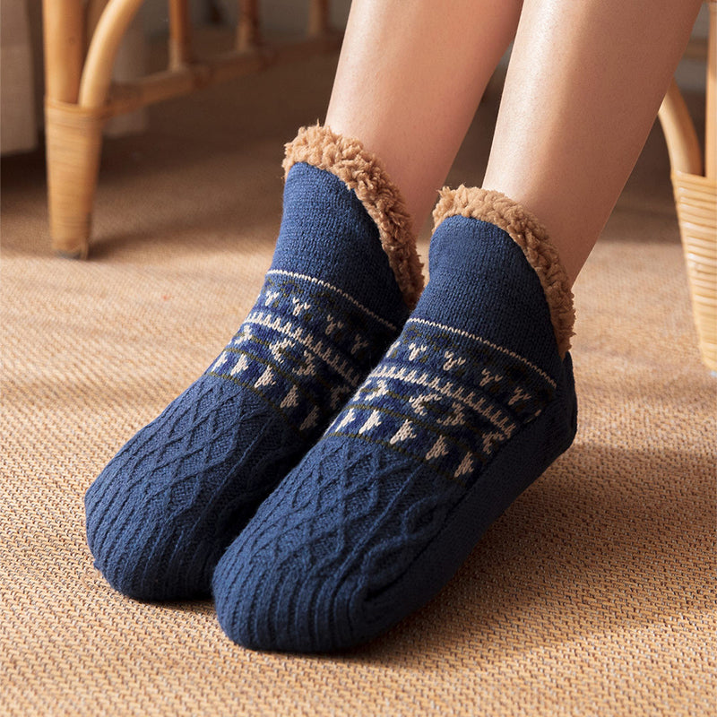 Knitted slipper socks with fleece cuff