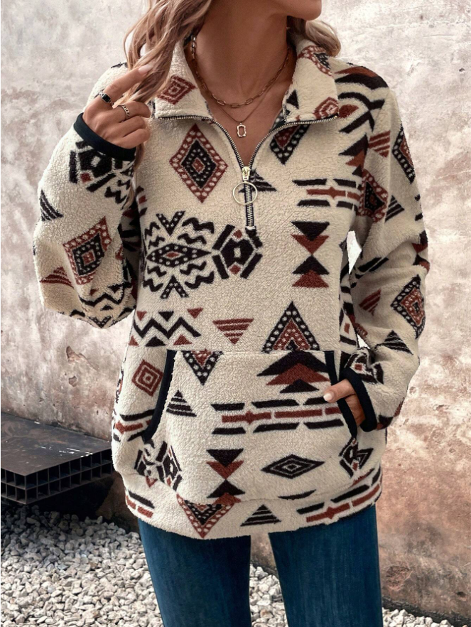 Heat Hollow Half Zip Fleece Sweatshirt with Geometric Print