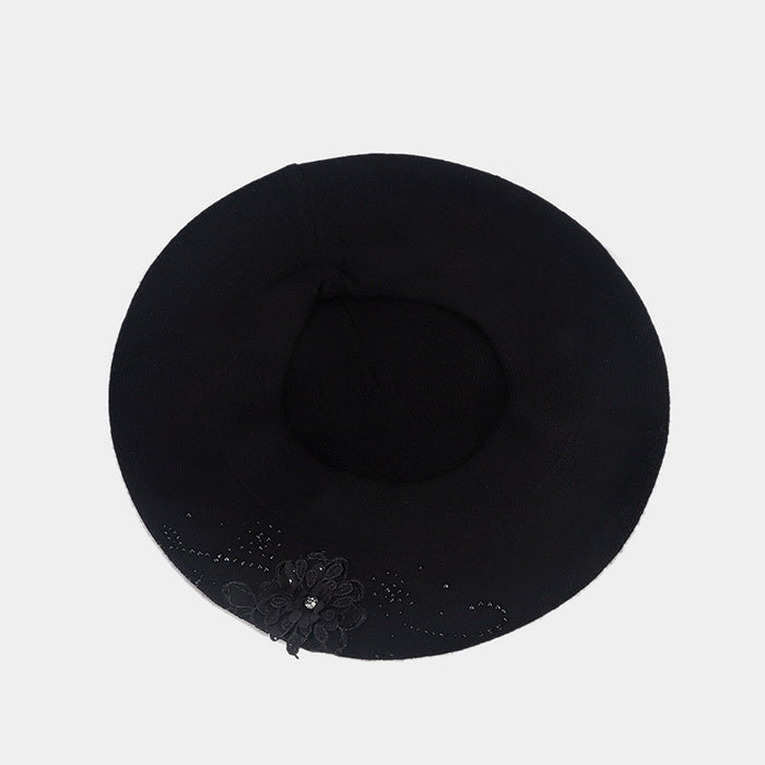 Heat Hollow Knit Beret with 3D Flower and Rhinestones