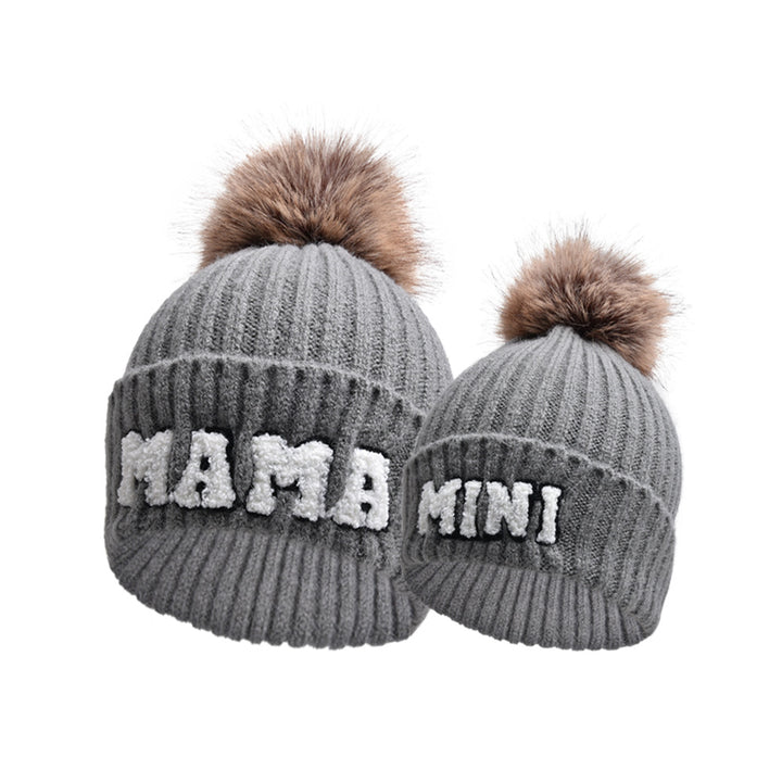 Pink MAMA and MINI beanies with pompoms