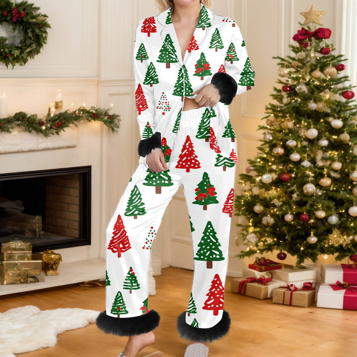 Woman in Christmas print pyjama set