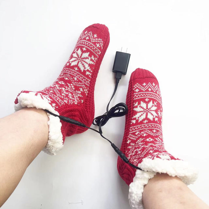 Red Nordic knit USB heated house socks