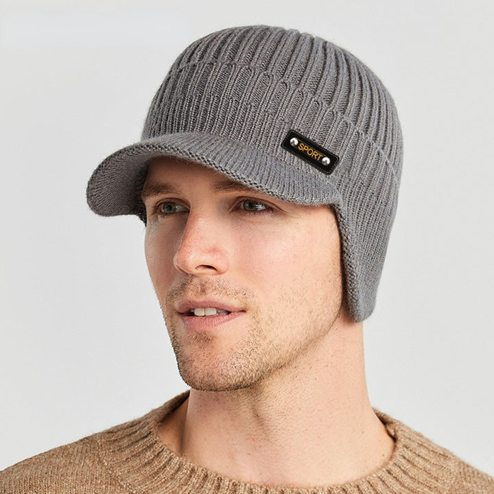 Black mens peaked beanie with ear flaps