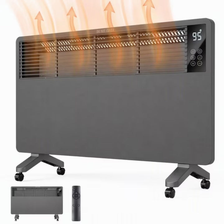 slim white panel heater on castors with remote