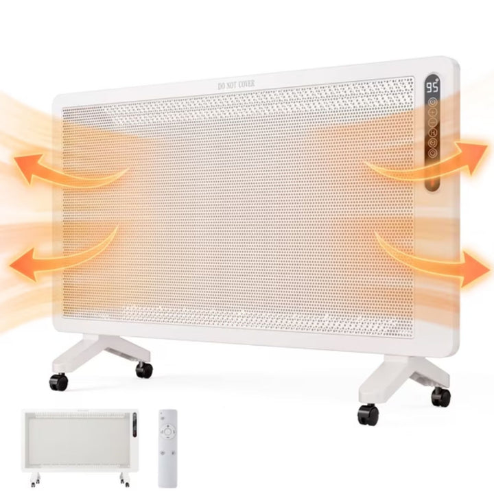 slim white panel heater on castors with remote