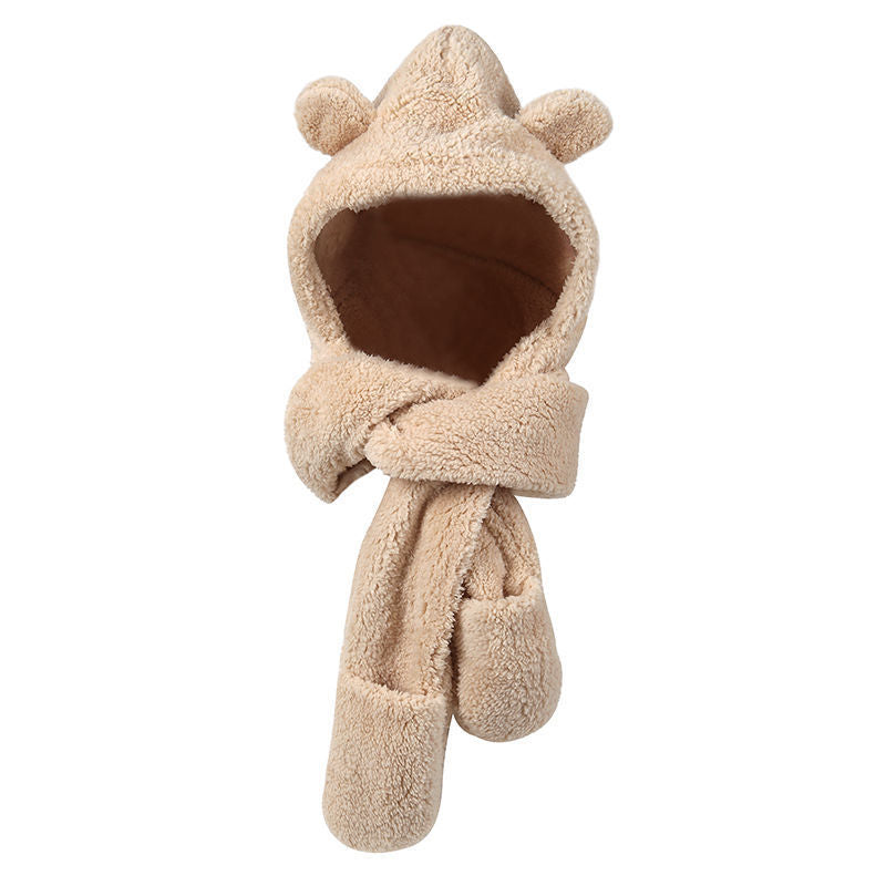 Woman wearing teddy hood scarf with bear ears