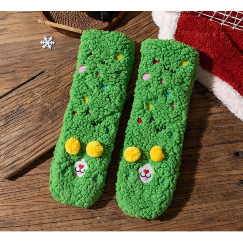 Fluffy yellow socks with embroidered face and pompoms