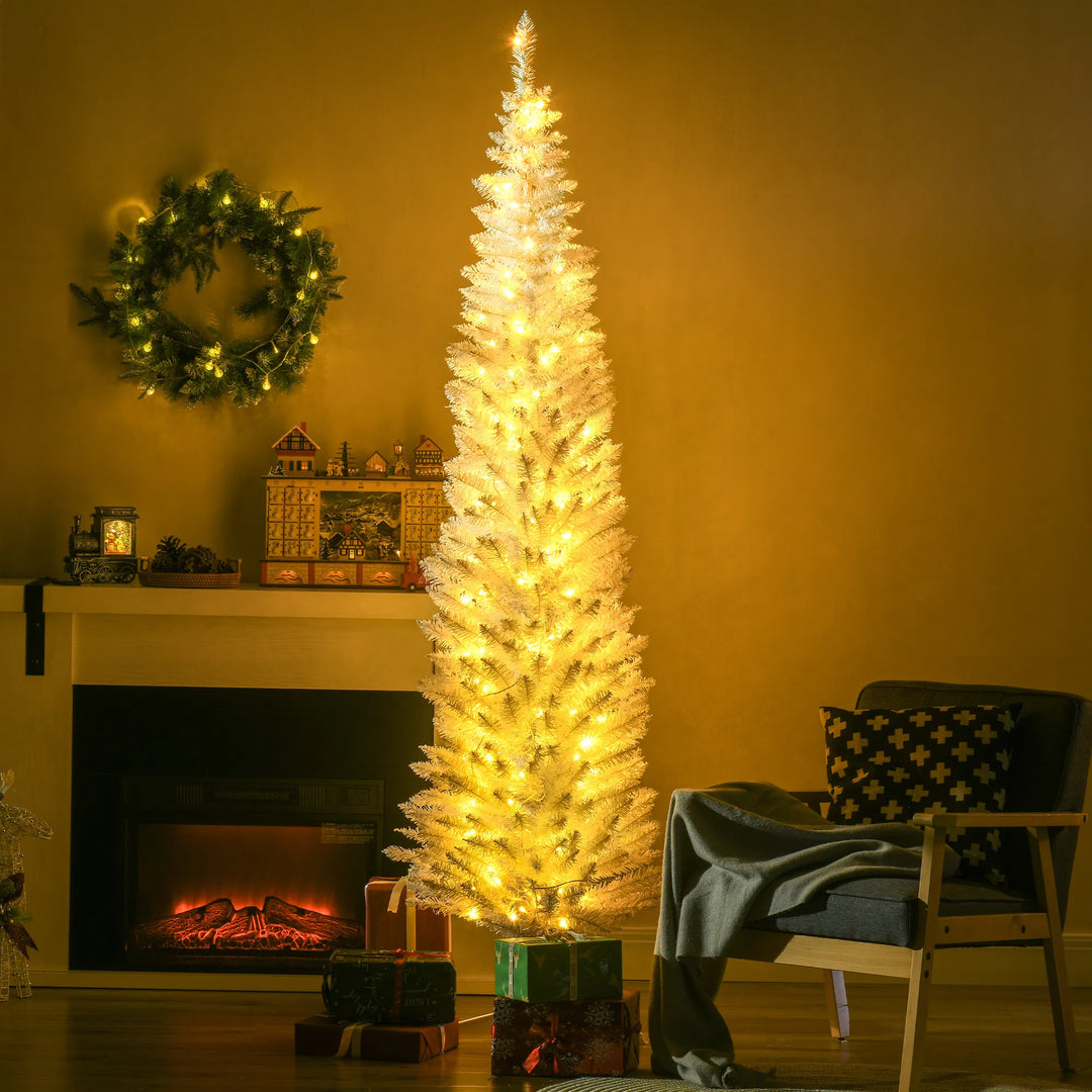 White pencil Christmas tree with warm lights