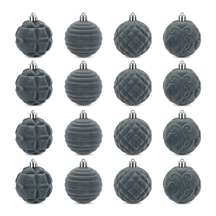 Heat Hollow Grey Velvet Christmas Baubles, Shatterproof Set of 12